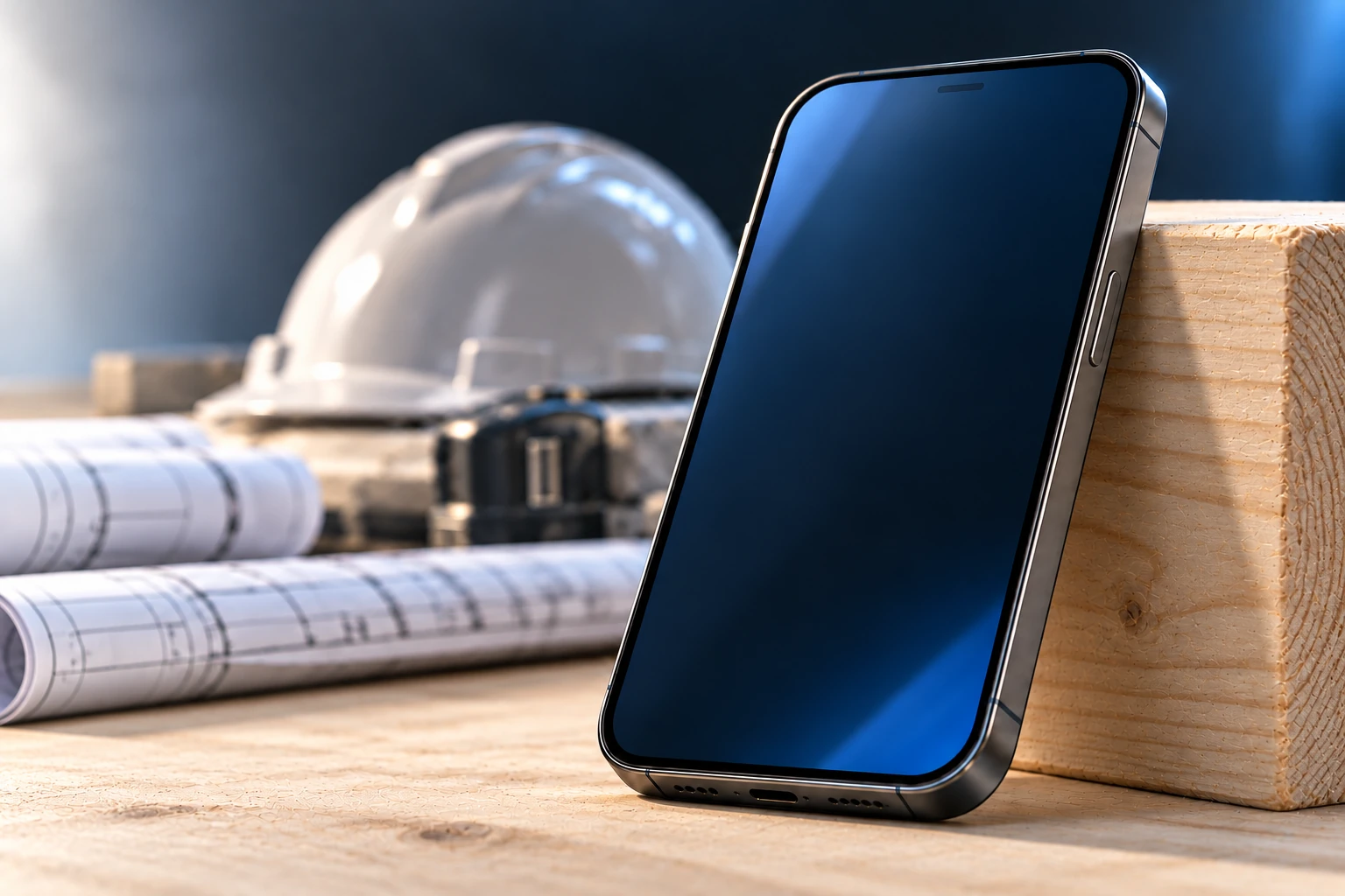 Photorealistic illustrative smartphone resting against clean structural lumber, with a secondary construction helmet and architectural plans in a softly lit work environment.