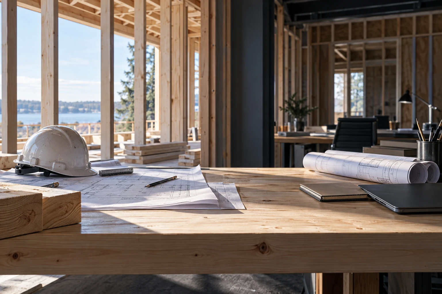Generated illustration of an empty timber-framing workspace and office, with a helmet, architectural plans and a laptop.